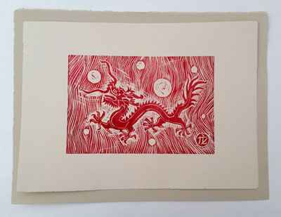 Dragon (i) [red] (2016), woodcut on paper - Pui Lee
